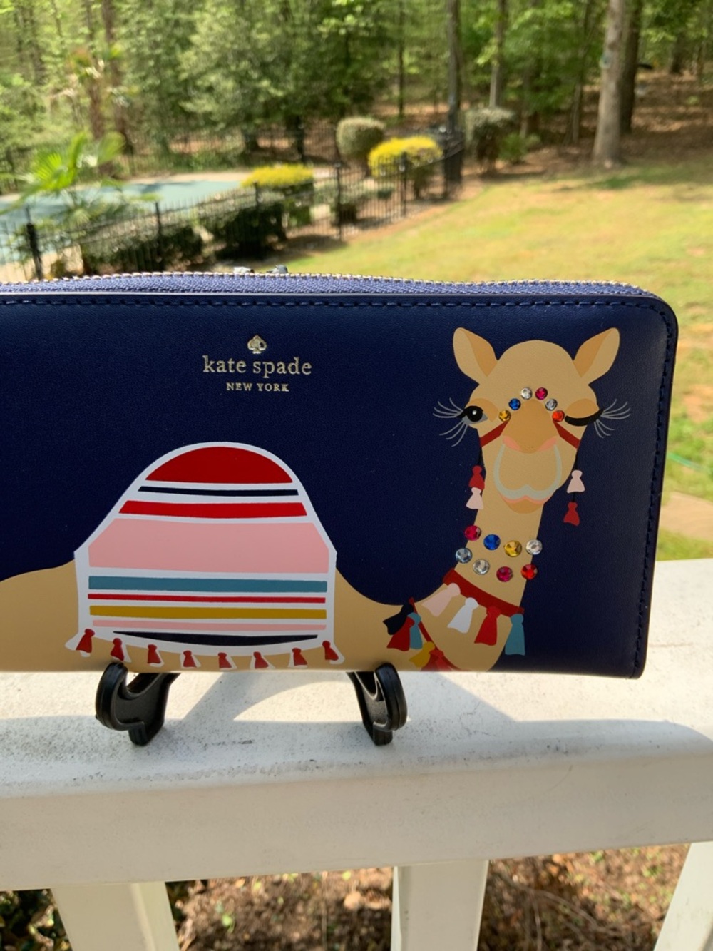 kate spade Novelty Camel Leather navy gold zip-around continental wallet EUC - Picture 2 of 16